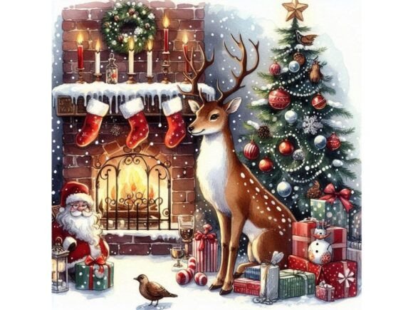 Christmas Deer Scene, Ink Illustration for Modern Blog Design