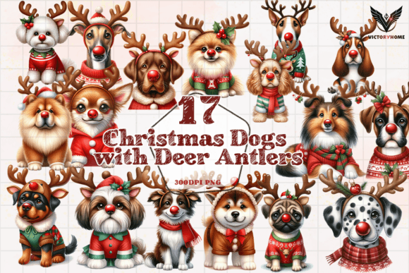 Christmas Dogs with Deer Antlers Clipart Review