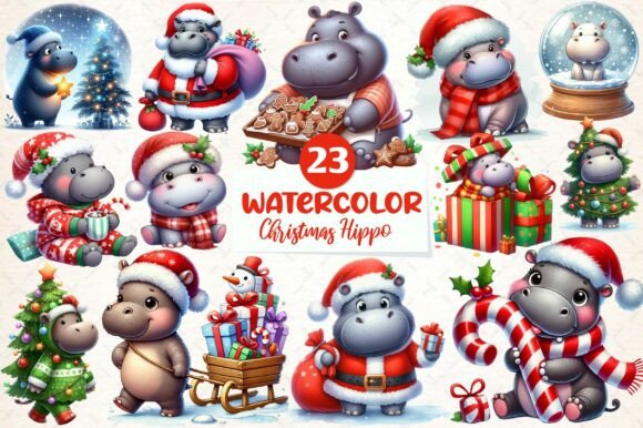 Christmas Hippo Sublimation Clipart for Modern Illustrations