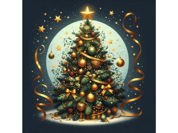 Christmas Tree Decorated with Golden Sta: Illustrations Review