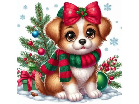 Cute Christmas Puppy with a Holiday Bow Illustrations