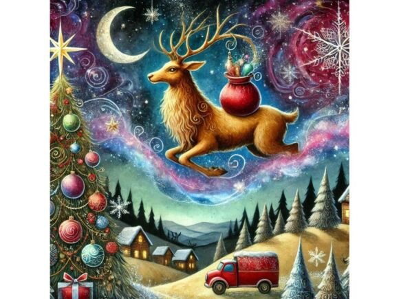 Surreal Deer in Magical Christmas Scene Illustrations