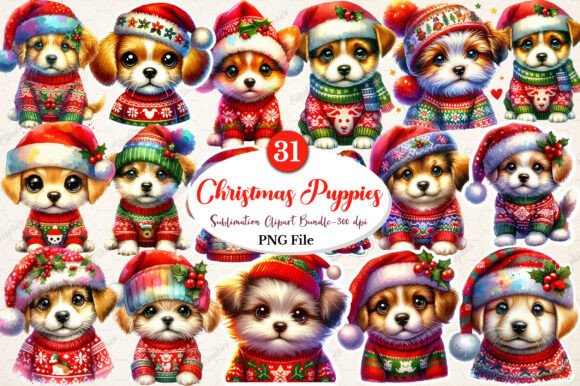Watercolor Christmas Puppies Clipart for Brand Illustrations